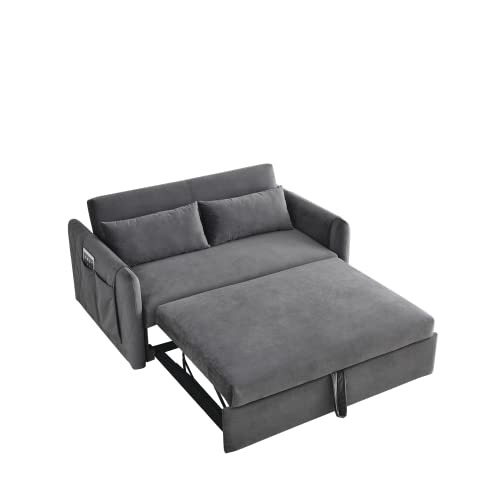 Blue Velvet Convertible Sleeper Sofa Bed with 2 Pillows W57899