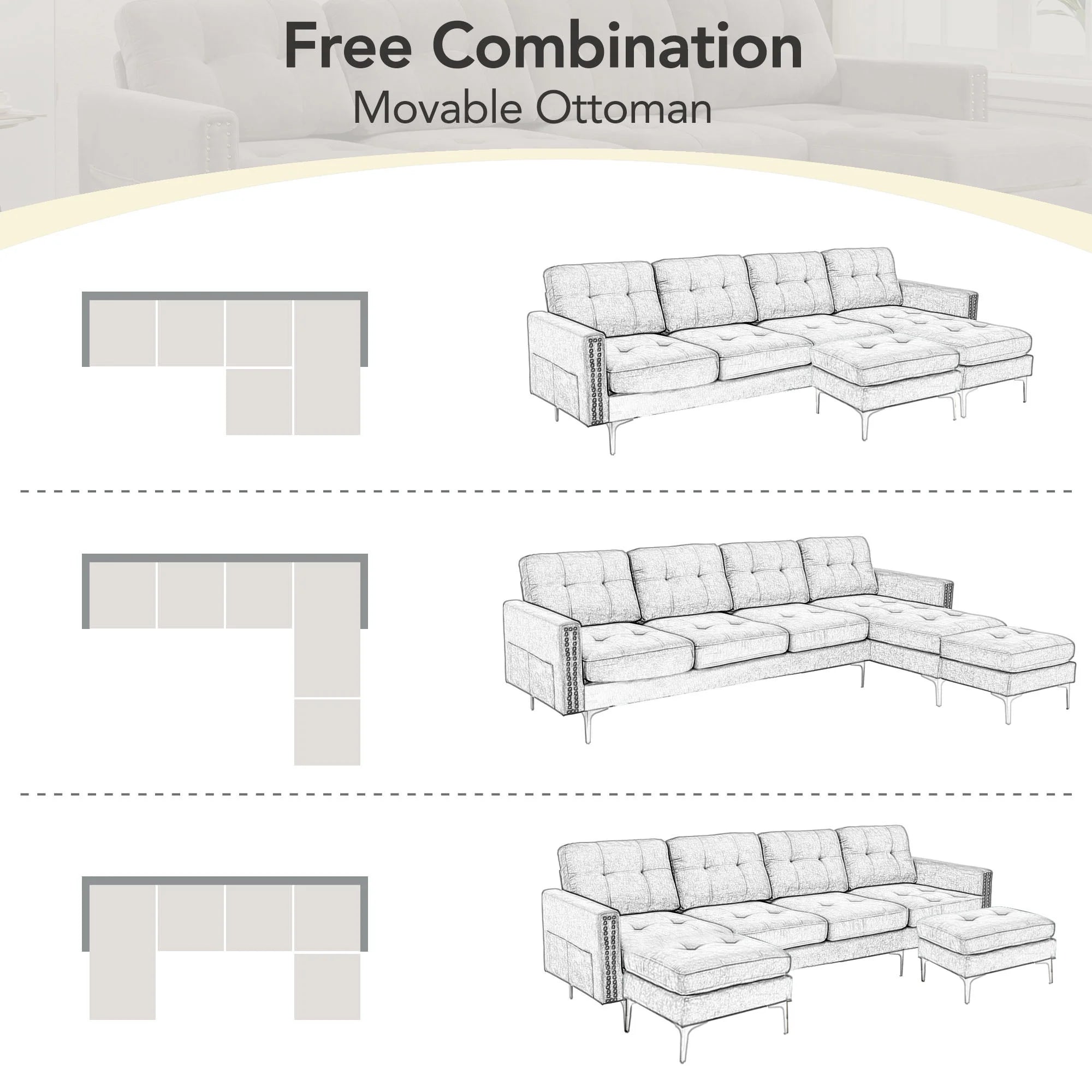 Gray 5 Seater U-Shaped Sectional Sofa with Ottoman, 110"x54" Q2776