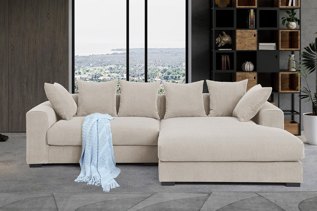 Beige Corduroy 3-Piece L Shaped Sectional Sofa with Ottoman and 6 Toss Pillows Z325