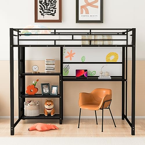 Black Full Size Metal Loft Bed Frame with Desk and Whiteboard W649536