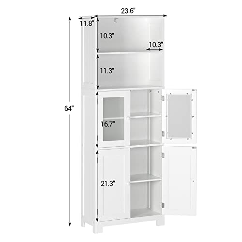 White Tall Bathroom Storage Cabinet with 2 Open Compartments and 2 Cabinets with Doors A5573