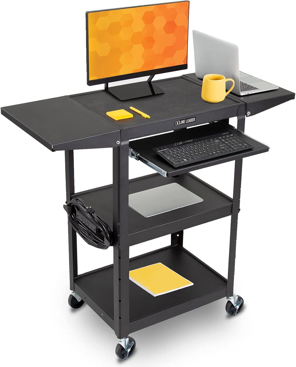 Black Height Adjustable Utility Cart with Drop Leaf Shelves and Pullout Laptop Tray Q6445