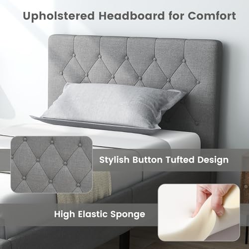 Grey Twin Upholstered Platform Bed with Button Tufted Headboard V38859