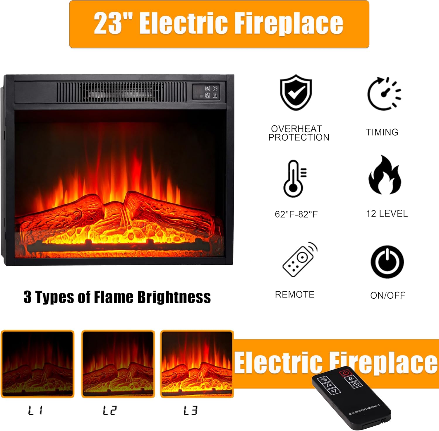 44 Inch Electric Fireplace with Mantel, Freestanding LED Flame Heater with Remote Control N40134