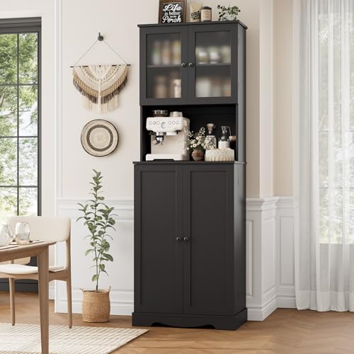 White Tall Storage Cabinet with Microwave Stand and Adjustable Shelves Q553