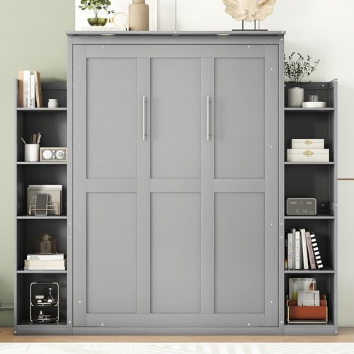 Queen Size Wood Murphy Bed with Shelves and LED Lights, Grey L70062