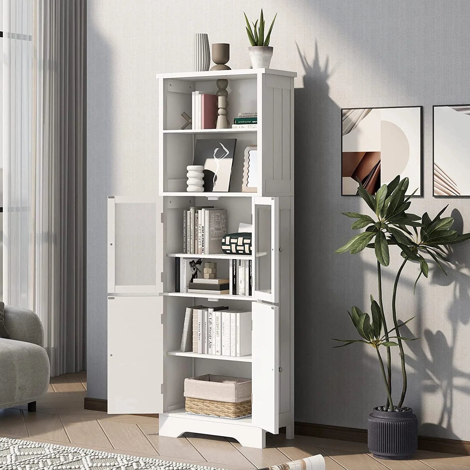 White Storage Cabinet with Glass Doors and Adjustable Shelves Q75575