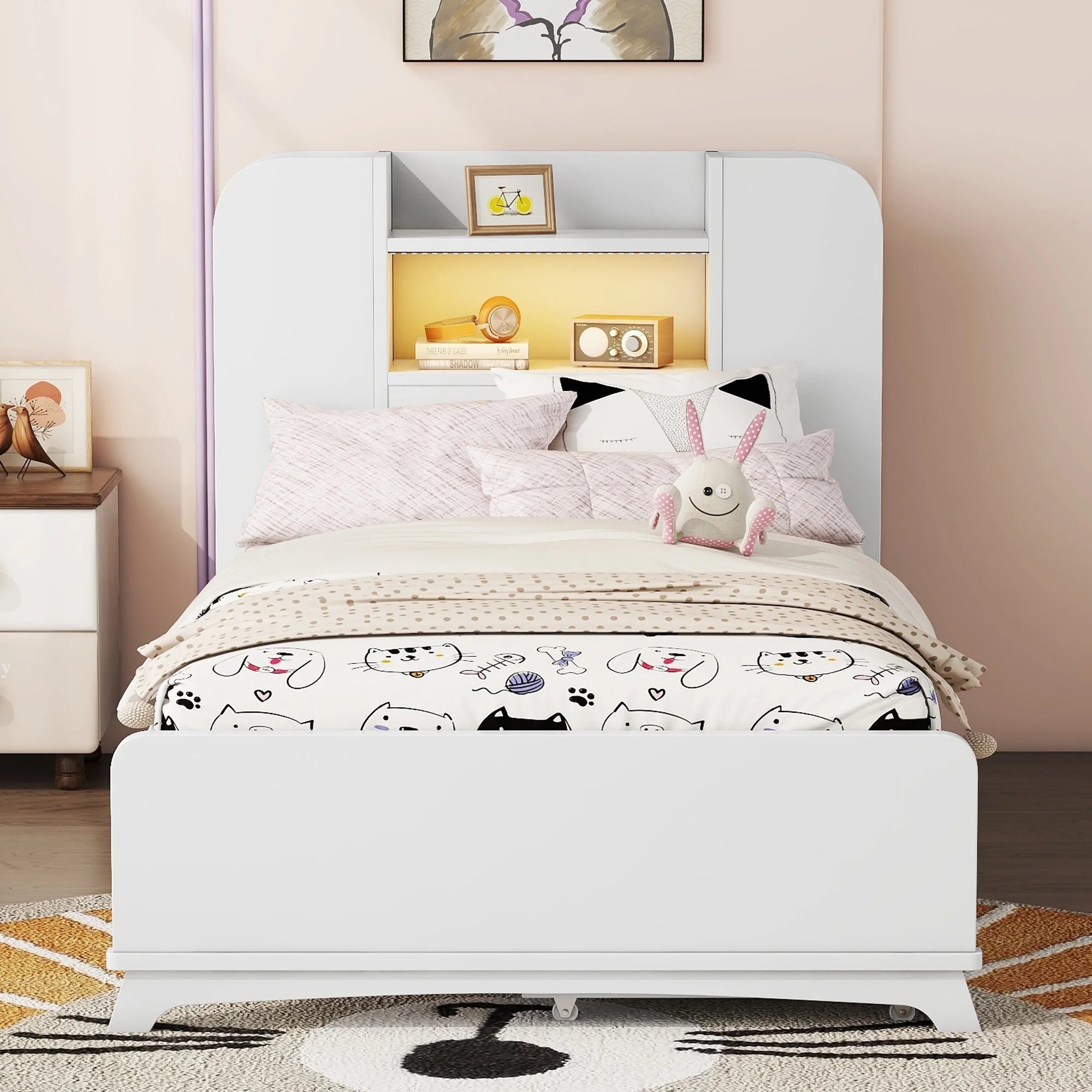 White Wood Twin Size Platform Bed with Storage Headboard and 2 Drawers B9876