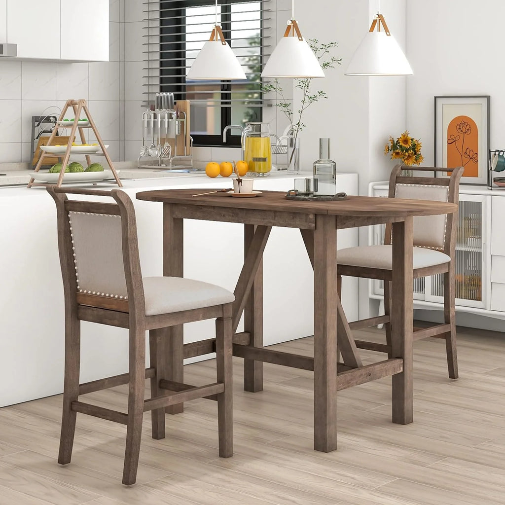 3 Piece Counter Height Drop Leaf Dining Table with 2 Padded Chairs, Brown F101