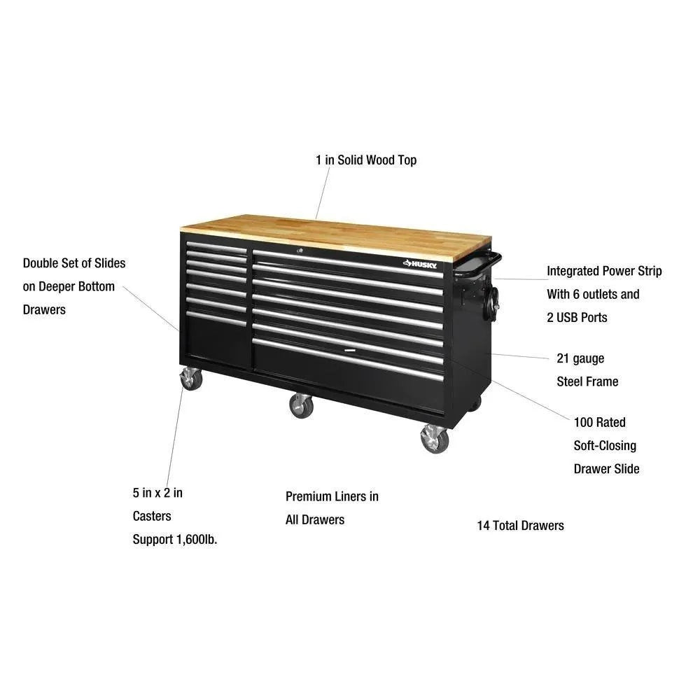 Black 14-Drawer Mobile Workbench with Solid Wood Top T254107