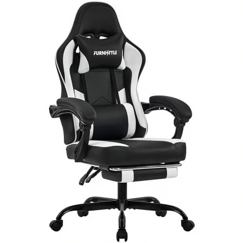 Black/White Ergonomic Leather Gaming Chair with Footrest O485