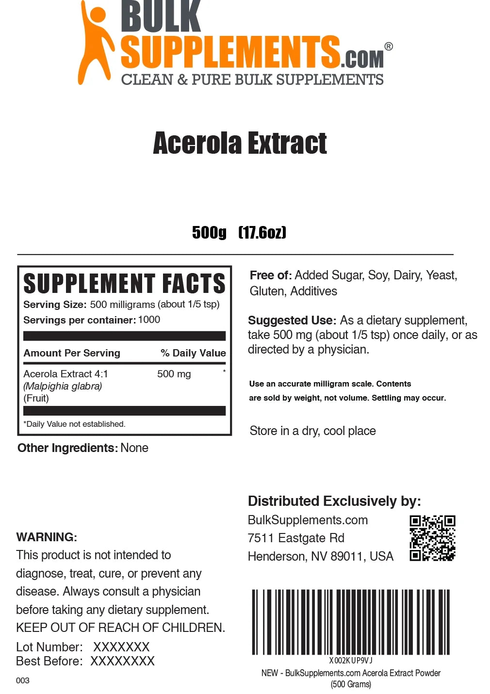 Acerola Extract Powder 500mg 500g A3850