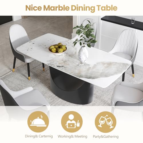 63" White Marble Sintered Stone Top Rectangle Dining Table with Black Carbon Steel Pedestal C776