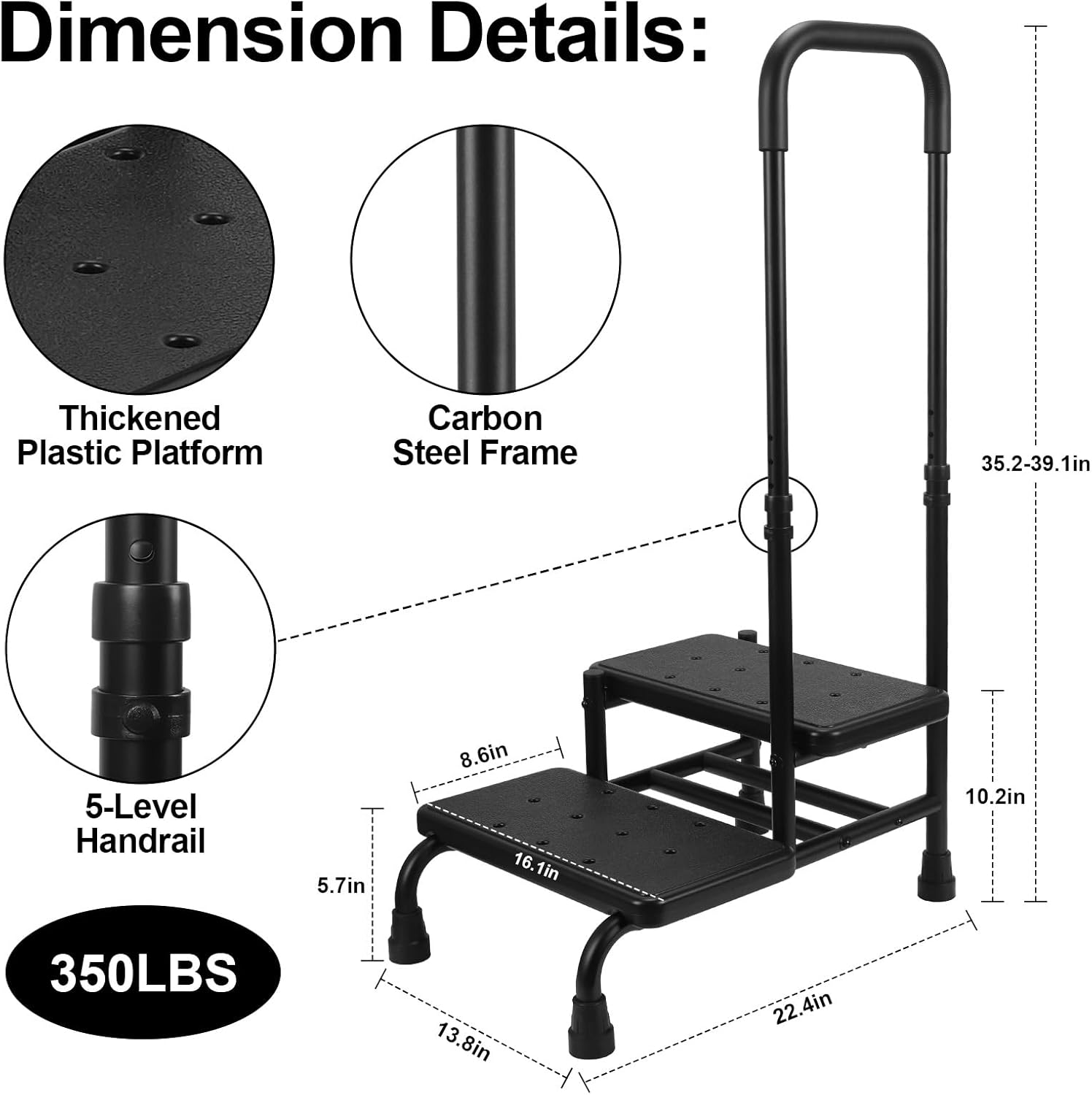 2 Step Stool with Handle, Heavy Duty Step Stool with 4 Fixing Buckle and Adjustable Handrail J413
