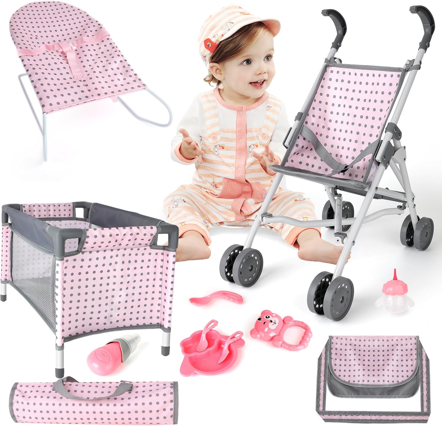 Baby Doll Stroller Crib Bed Nursery Role Play Set with Accessories and Play Mat K104