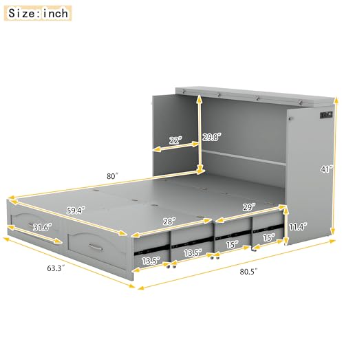 Queen Grey Solid Wood Murphy Bed with Drawer X629743