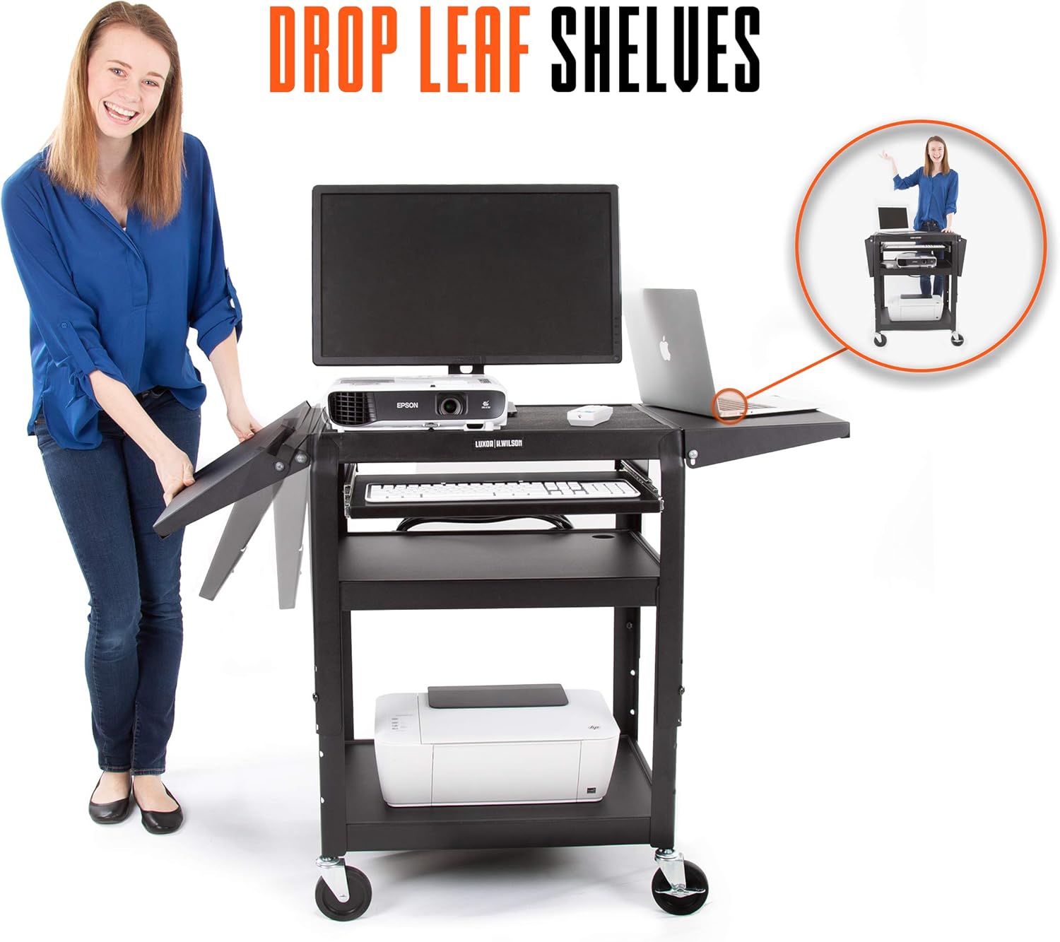 Black Height Adjustable Utility Cart with Drop Leaf Shelves and Pullout Laptop Tray Q6445