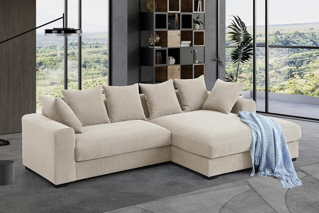 Beige Corduroy 3-Piece L Shaped Sectional Sofa with Ottoman and 6 Toss Pillows Z325