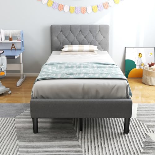 Grey Twin Upholstered Platform Bed with Button Tufted Headboard V38859