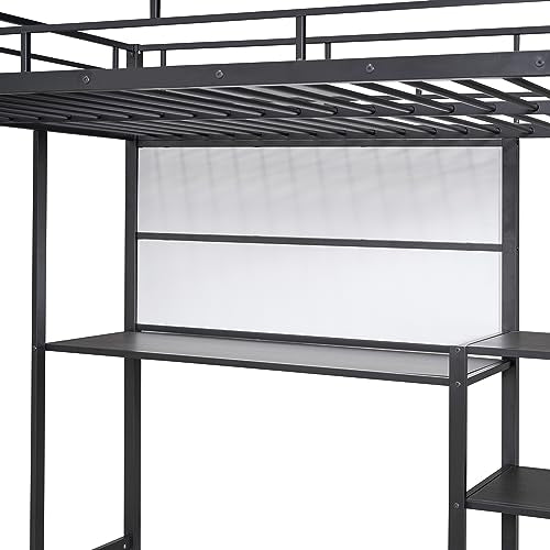 Black Full Size Metal Loft Bed Frame with Desk and Whiteboard W649536