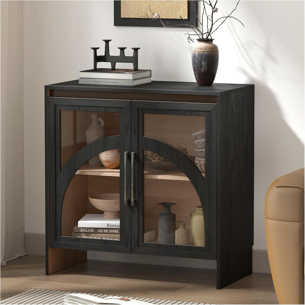 Black Arched Accent Cabinet with Glass Door and Adjustable Shelf K17041