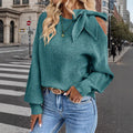 Women's Bow Shoulder Cut Out Sweater, Long Sleeve Cozy Knit Pullover